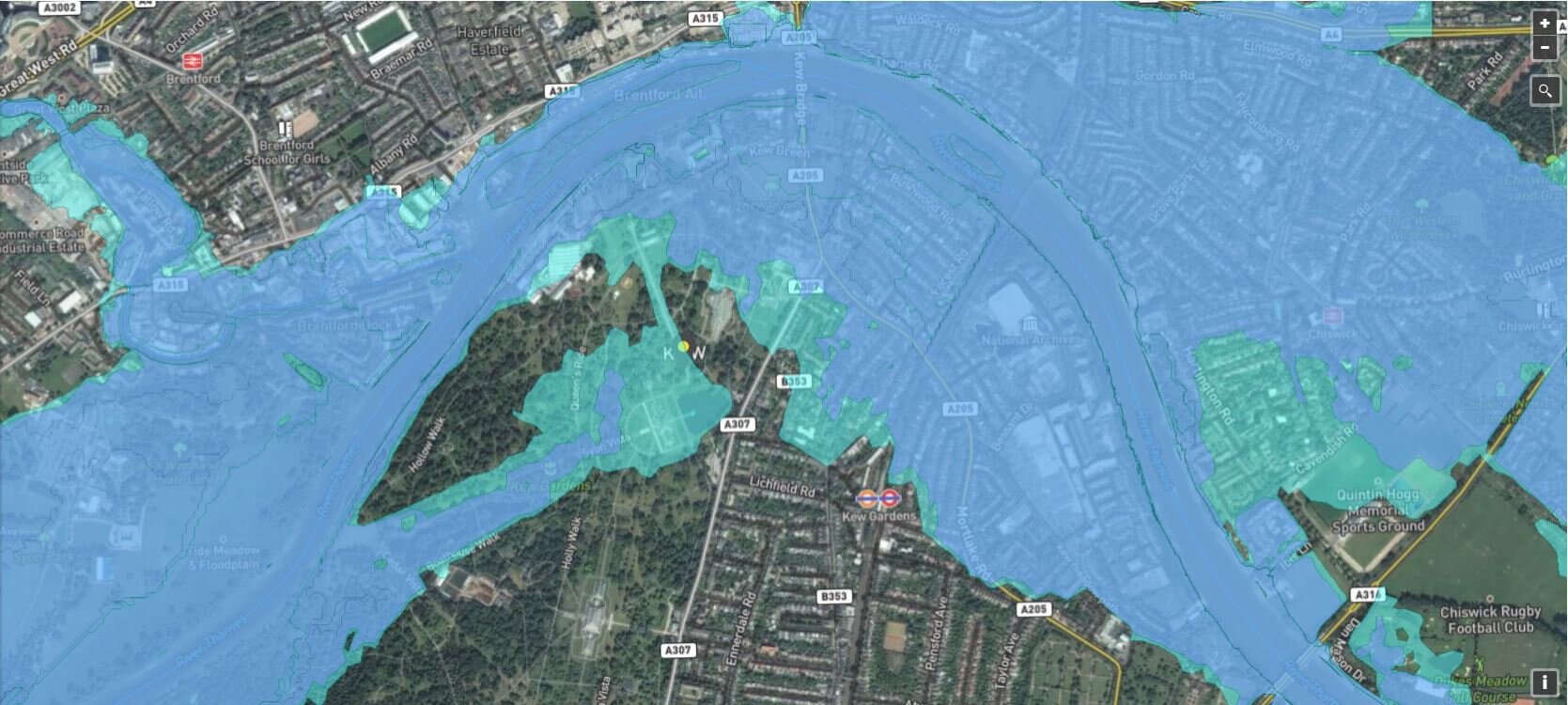 Flood map highlighting high and low risk flood zones for residential and commercial properties